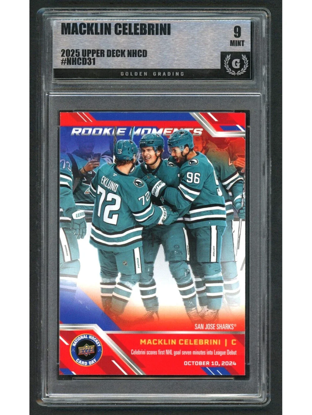 2025 Upper Deck NHCD31 Macklin Celebrini Rookie Moments Sharks Graded Mint 9